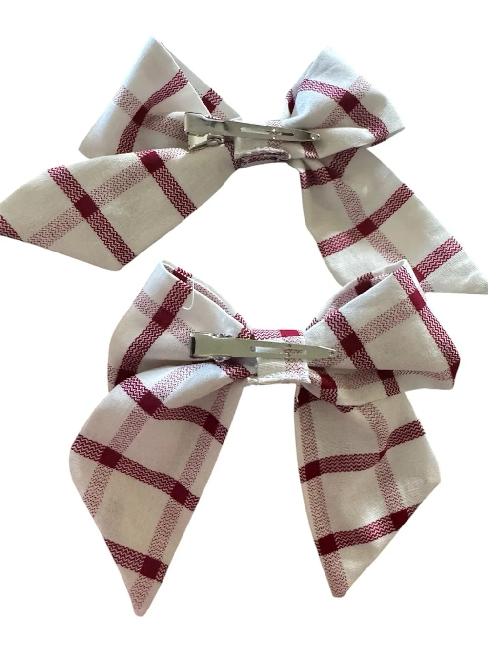 White and Burgundy Plaid Fabric Hair Bows - Set of 2